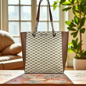 Michael‎ Kors Jet Set Chain Large work Tote Bag Brown tan signature laptop NWT